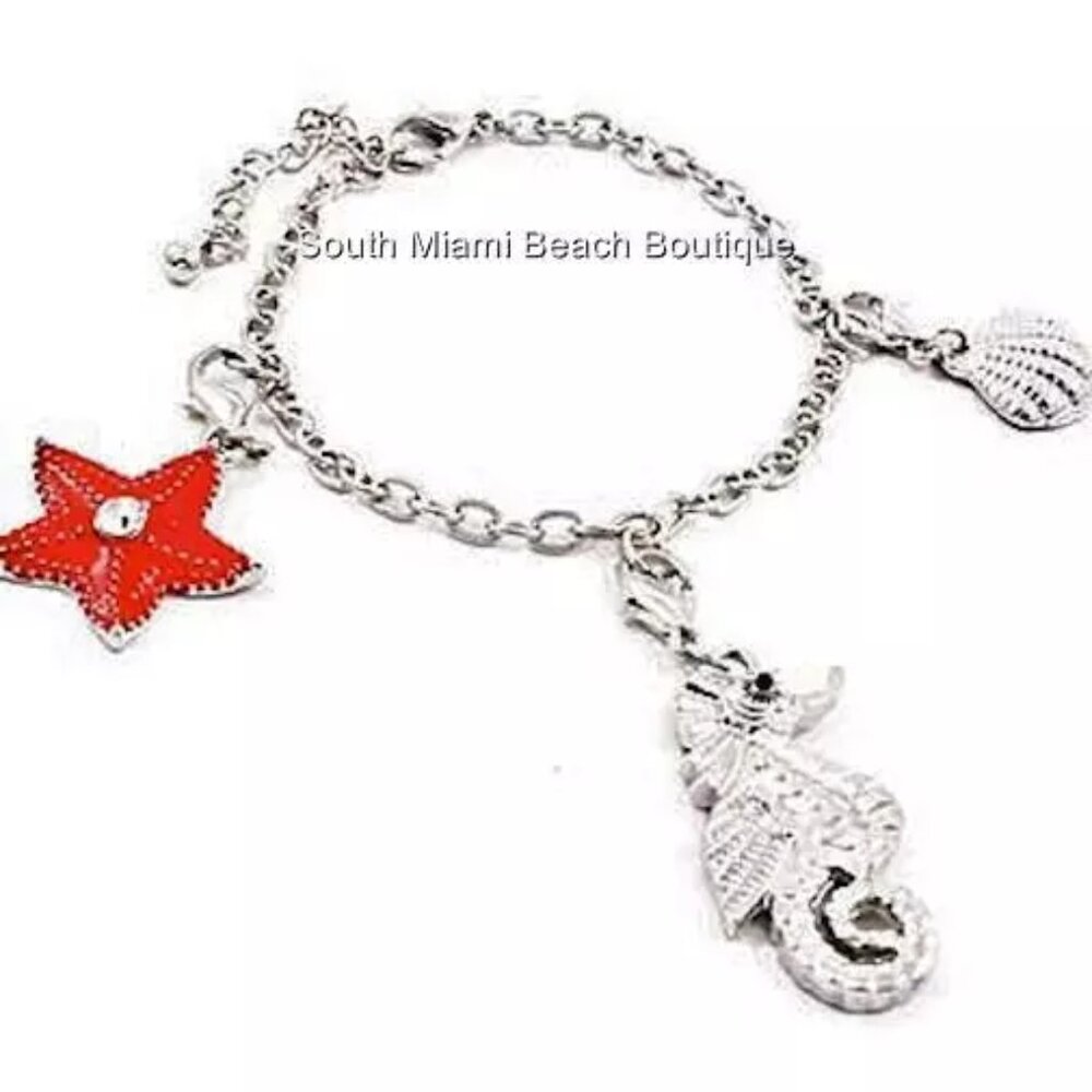 Seahorse Sea Life Charm Bracelet Silver Plated Shells Starfish 7-9" Plus Size